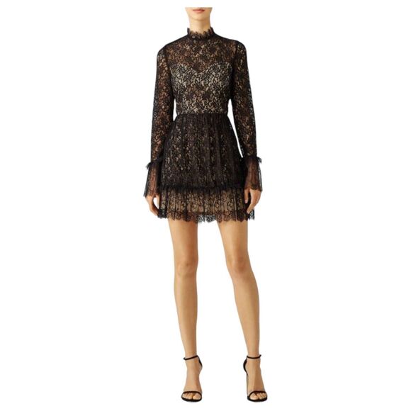 SAYLOR Amity Black Lace Long Sleeve Back Cutout Mini Dress Mock Neck M ($265) - Picture 2 of 13